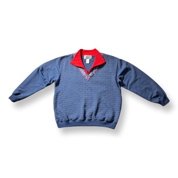 Vintage Grannycore Navy Blue and Red Turtleneck & Zip Collar Sweatshirt - Picture 2 of 9